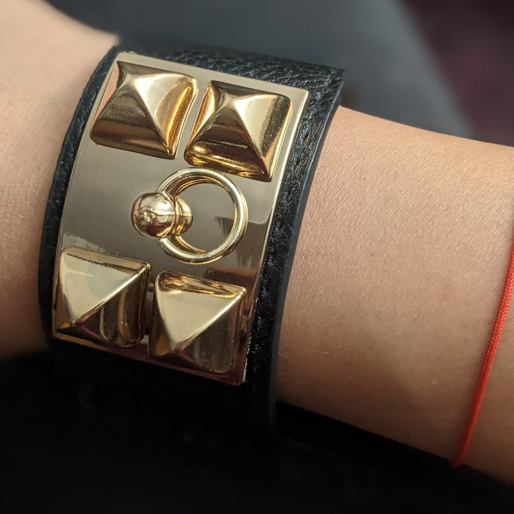 black leather gold metal buckle lock chain bracelet rock goth celebrity bangle